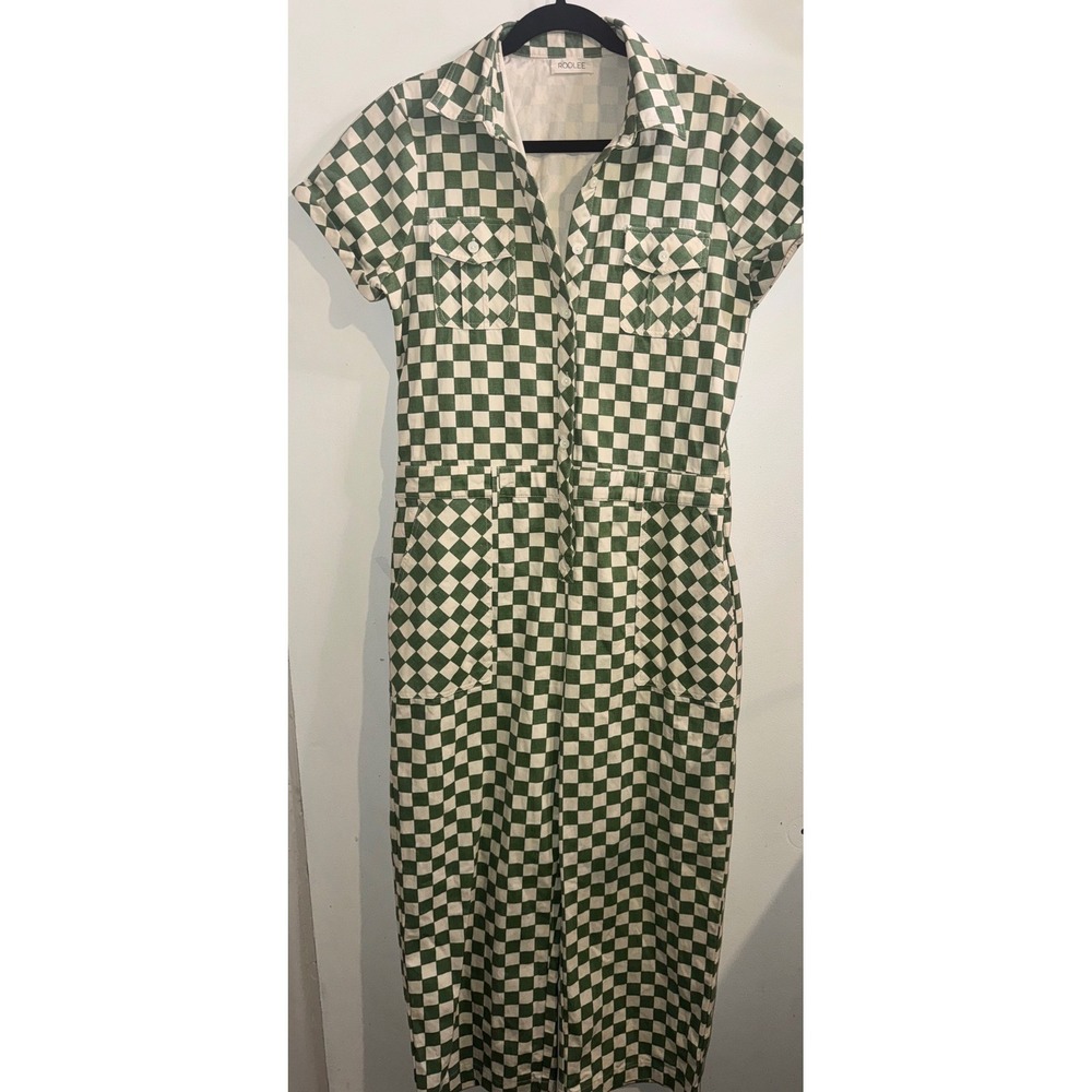 Roolee Green White Checkered Short Sleeve Button Front Utility Jumpsuit Womens